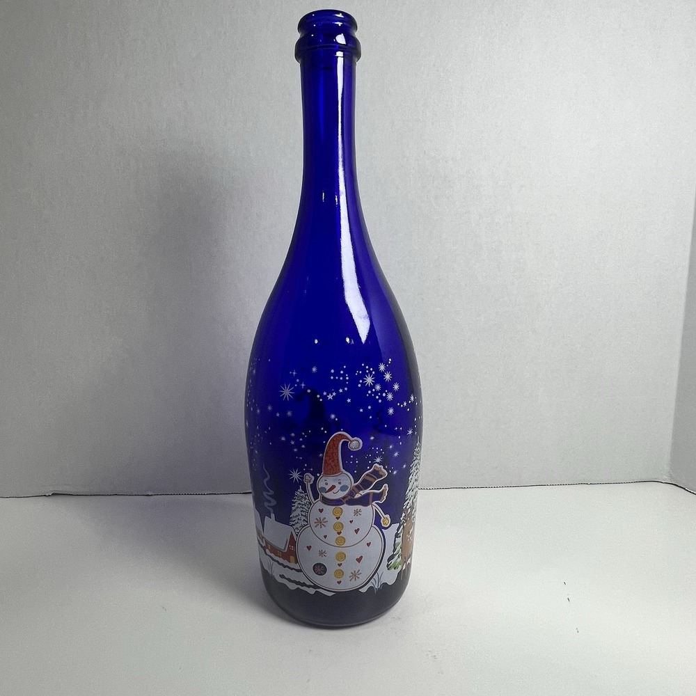 Cobalt Blue Glass Holiday Bottle Painted Snowman Reindeer Decor 12.5"